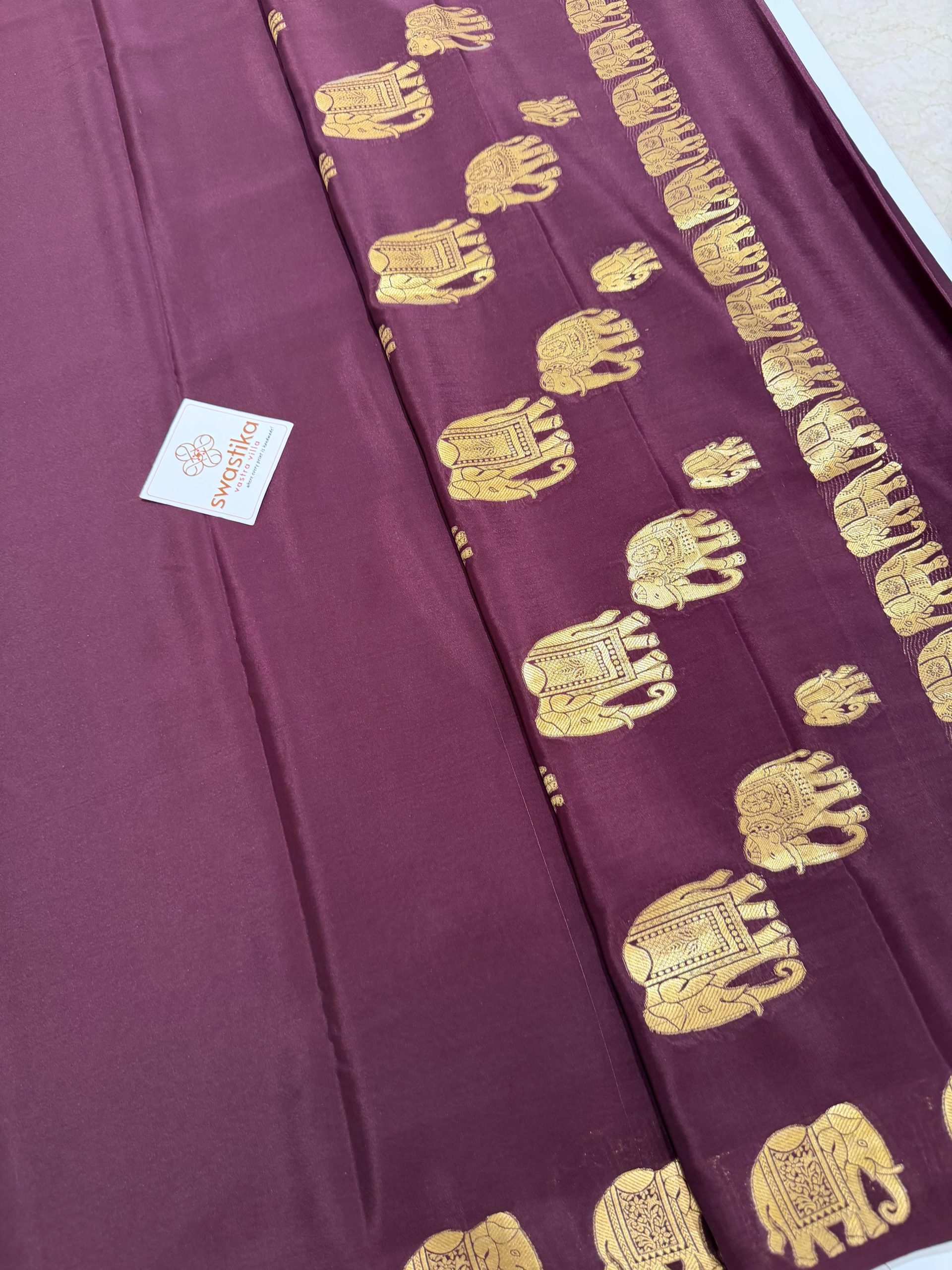 Pure Mysore Silk Saree - (A rich silk saree featuring elegant gold elephant motifs along the border and pallu, a classic traditional charm.) - Image 5