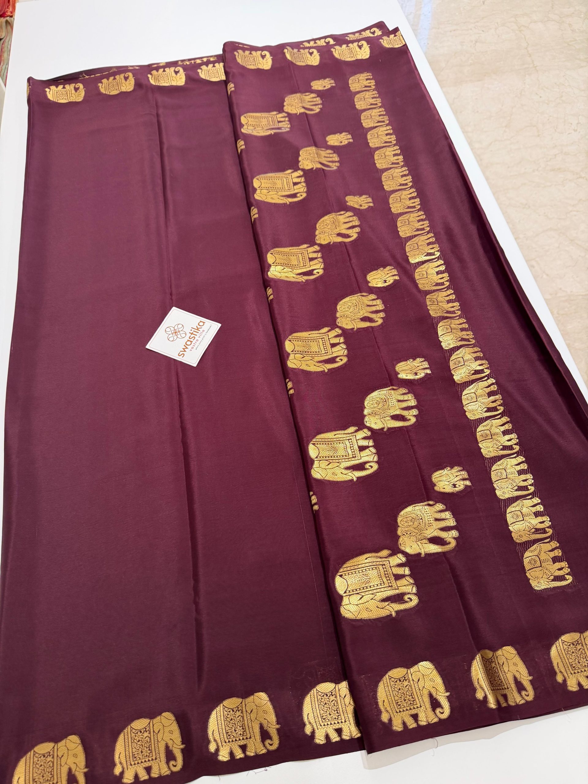 Pure Mysore Silk Saree - (A rich silk saree featuring elegant gold elephant motifs along the border and pallu, a classic traditional charm.) - Image 3