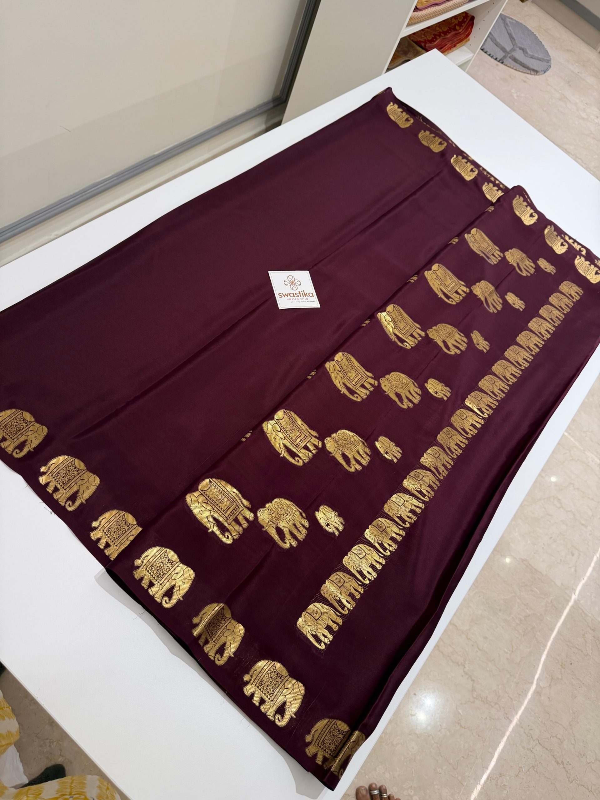 Pure Mysore Silk Saree - (A rich silk saree featuring elegant gold elephant motifs along the border and pallu, a classic traditional charm.) - Image 2